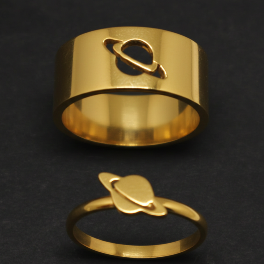 Planet Saturn Promise Couple Rings With Elegant Design And Symbolic Meaning For Special Bond Adjustable Size - Black
