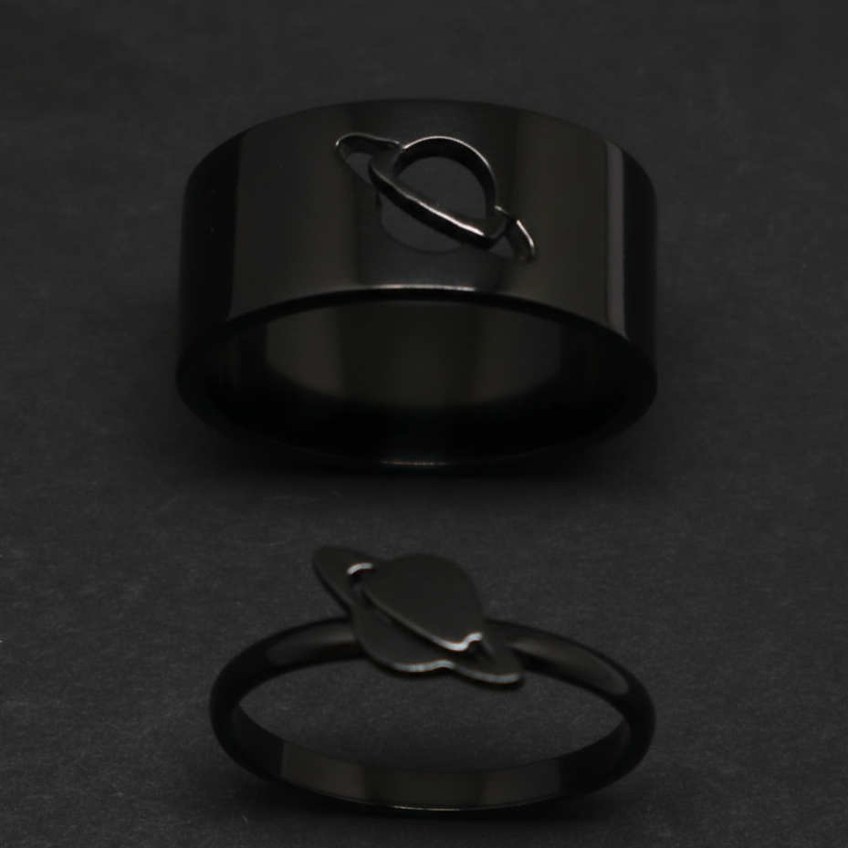 Planet Saturn Promise Couple Rings With Elegant Design And Symbolic Meaning For Special Bond Adjustable Size - Black