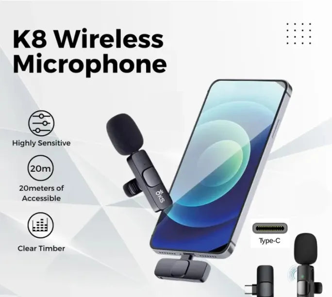 K8 Wireless Lavalier Microphone System | Plug-and-Play Clip-On Mic for Mobile Phones